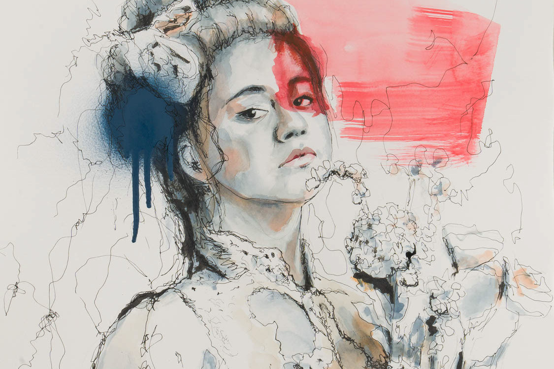 Original mixed media painting 'Moment of Truth' by Alex Righetto, a 17.5 x 21 inch vertical piece from the Romeo and Juliet Collection, depicting Juliet's pivotal change.