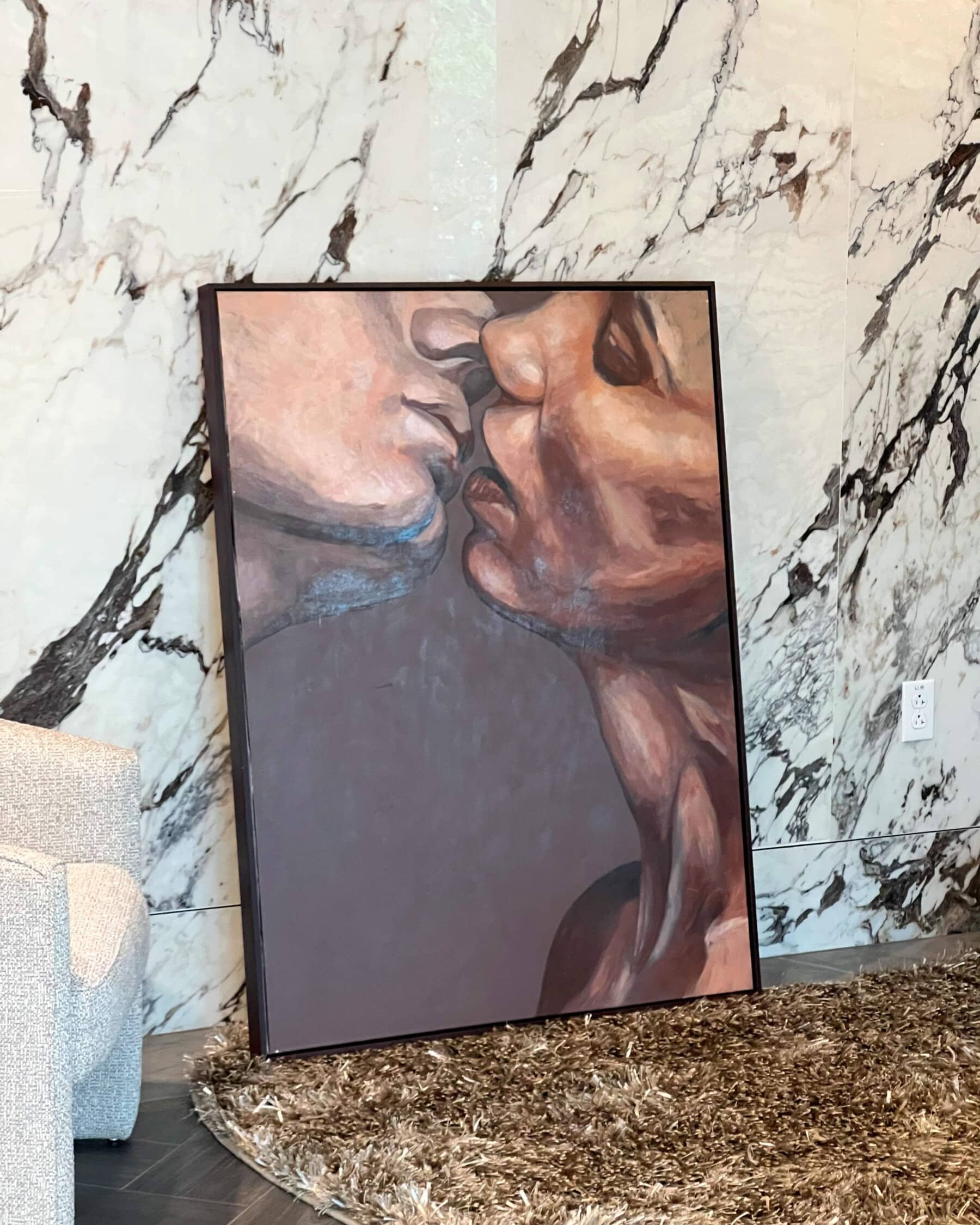 l Bacio - Acrilico su tela 9 Acrylic painting 'The Kiss' by Alex Righetto, originally part of the Rebirth Collection, featuring a 36 x 48-inch canvas depicting an intimate moment with rich tones and emotional depth.