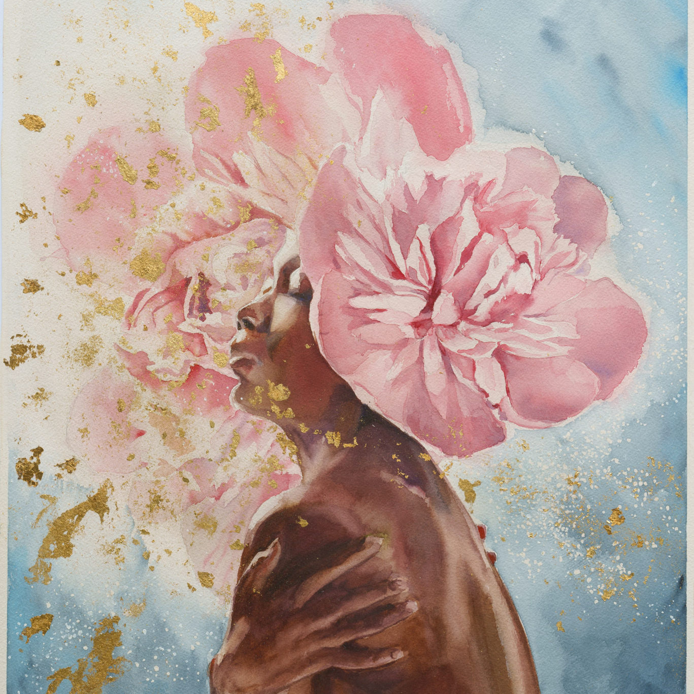 Amour_Propre_watercolor_Alex_righetto_2022 105 Watercolor painting 'Amour-Propre' by Alex Righetto, part of the Radiance Collection, depicting a woman in a deep emotional state, radiating golden energy.