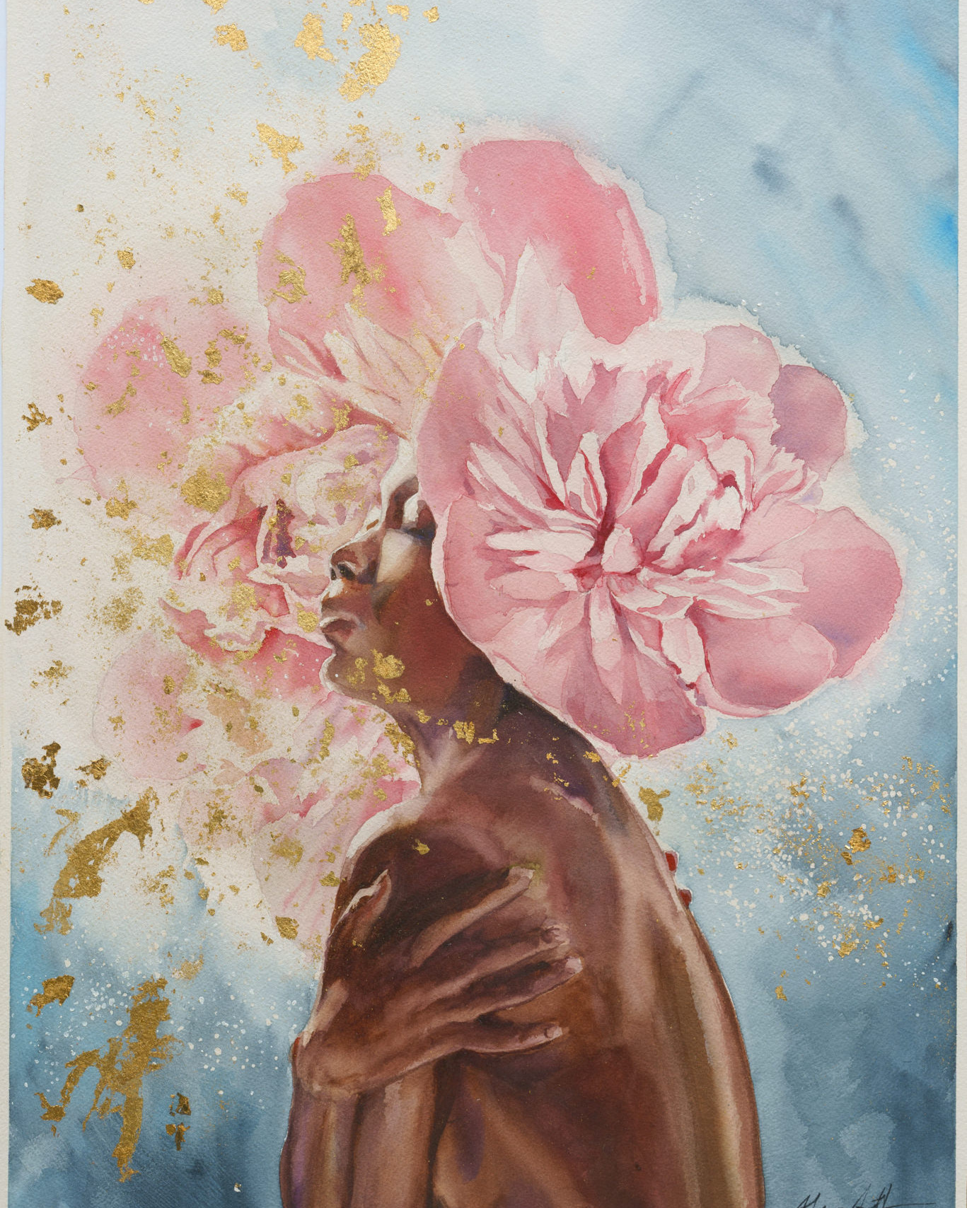 Quadro originale ad acquerello Amour-propre. 5 Watercolor painting 'Amour-Propre' by Alex Righetto, part of the Radiance Collection, depicting a woman in a deep emotional state, radiating golden energy.