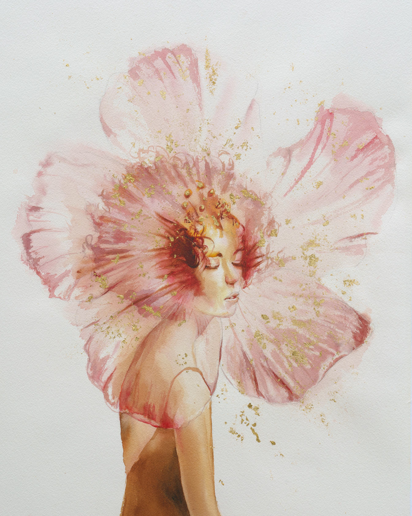 Ritratto dipinto originale ad acquerello Angelic Cherubic 7 Watercolor painting 'Angelic Cherubic' by Alex Righetto, part of the Radiance Collection, featuring soft pink shades and golden accents in a 22 x 32 inch vertical format.