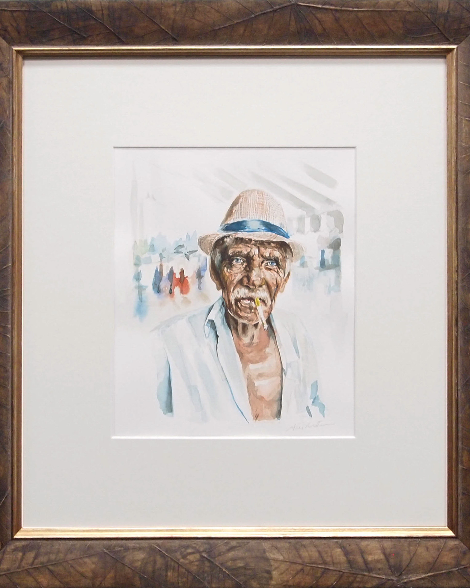 Nonno "Domenico" Acquerello 2 Watercolor portrait of 'Old Man Domenico' by Alex Righetto, depicting an elderly man with deep blue eyes and a storied face, framed in an exclusive brown wood frame, symbolizing a personal narrative intertwined with global history.