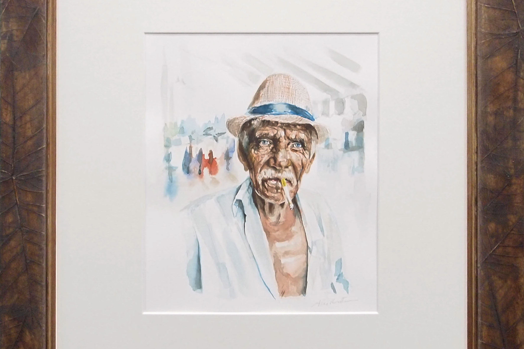 Watercolor portrait of 'Old Man Domenico' by Alex Righetto, depicting an elderly man with deep blue eyes and a storied face, framed in an exclusive brown wood frame, symbolizing a personal narrative intertwined with global history.