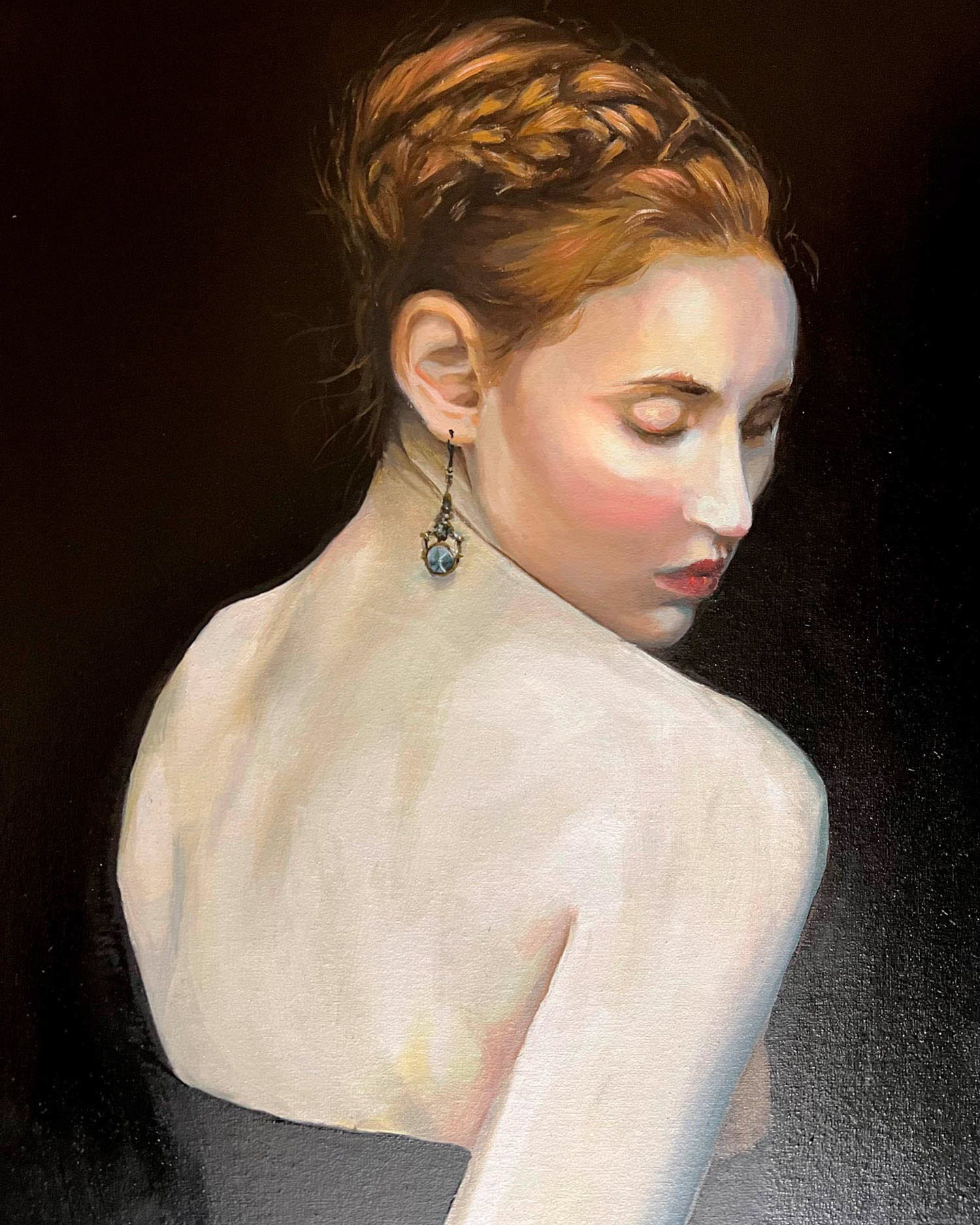 Studio di donna su tavola 11 Original oil on board artwork 'Study of a Woman' by Alex Righetto, measuring 12 x 16 inches, part of the Studio Collection, depicting a detailed study of a woman's form and psyche.