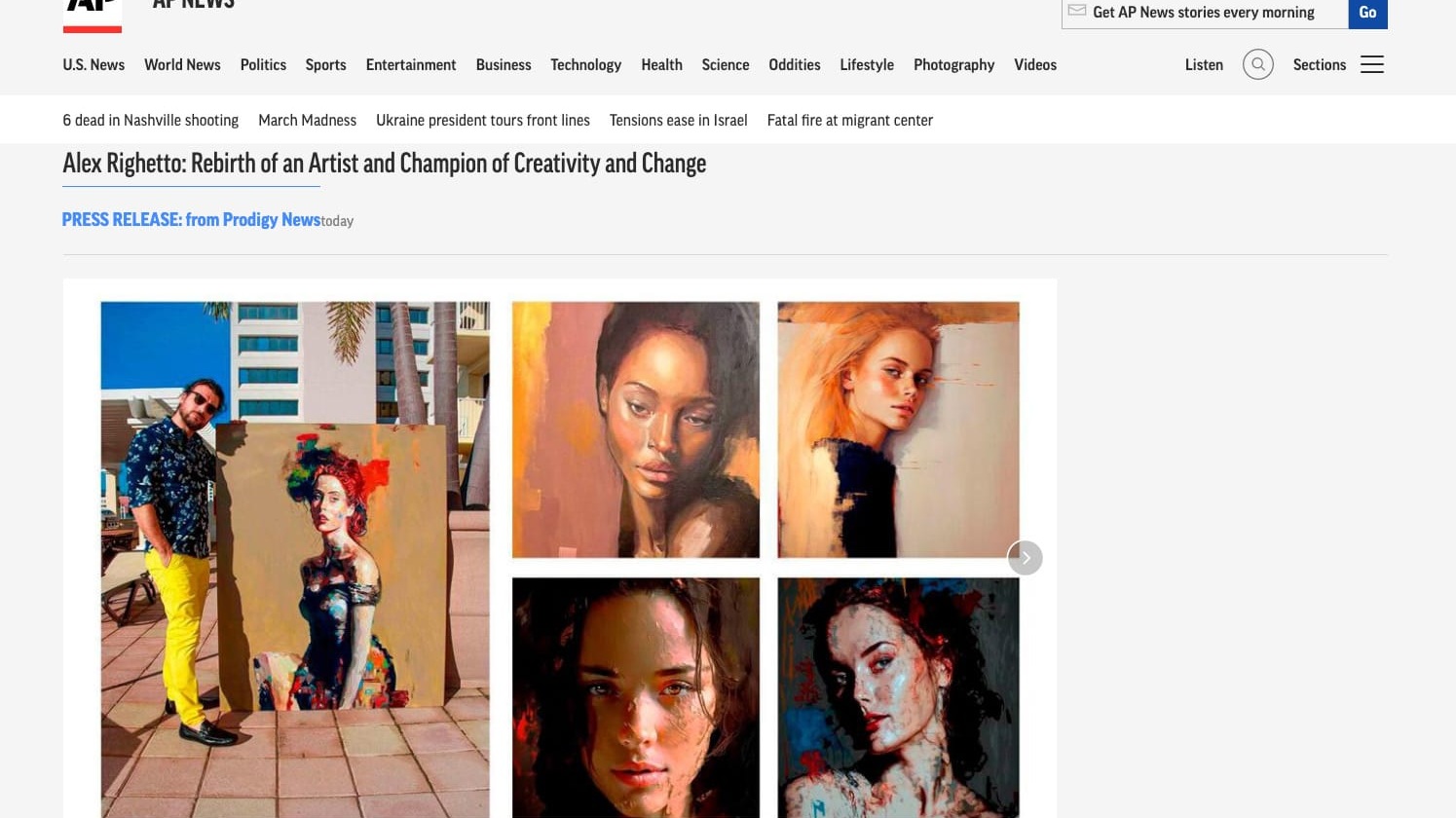 L'artista Alex Righetto in primo piano su The Associated Press News (AP News) 2 ap new uai