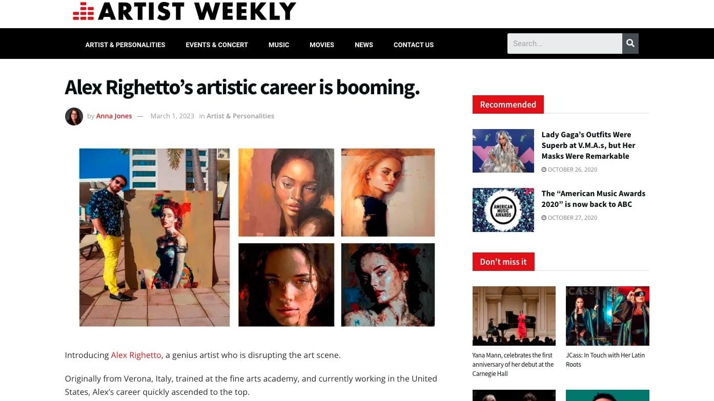 Alex Righetto in primo piano su Artist Weekly 4 artist weekly uai