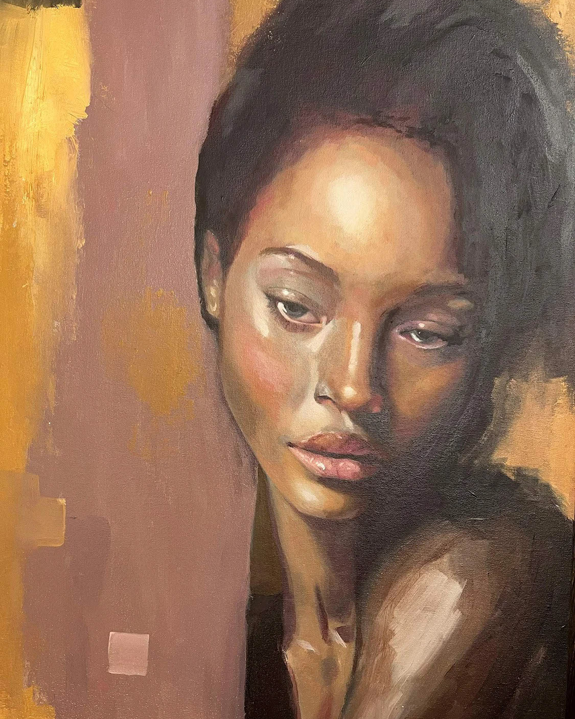 Venere Esotica (Lacrime d'oro) olio su tavola 10 Oil on board painting 'Exotic Venus (Golden Tears)' by Alex Righetto, a 12 x 16-inch piece from the Studio Collection, embodying an abstract interpretation of feminine mystique and emotional depth.