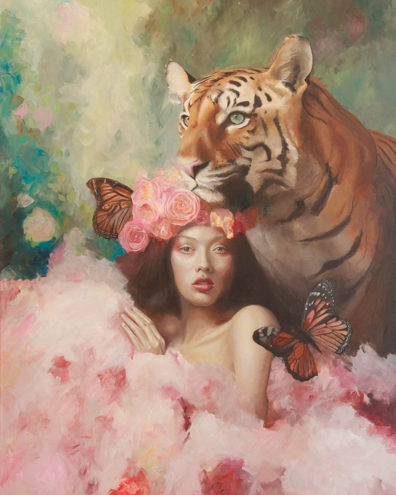 The Guardian - Olio su Tela 4 Oil painting 'The Guardian' by Alex Righetto, from the 2023 Radiance Collection, measuring 48 x 72 inches, symbolizing a stance against human trafficking.