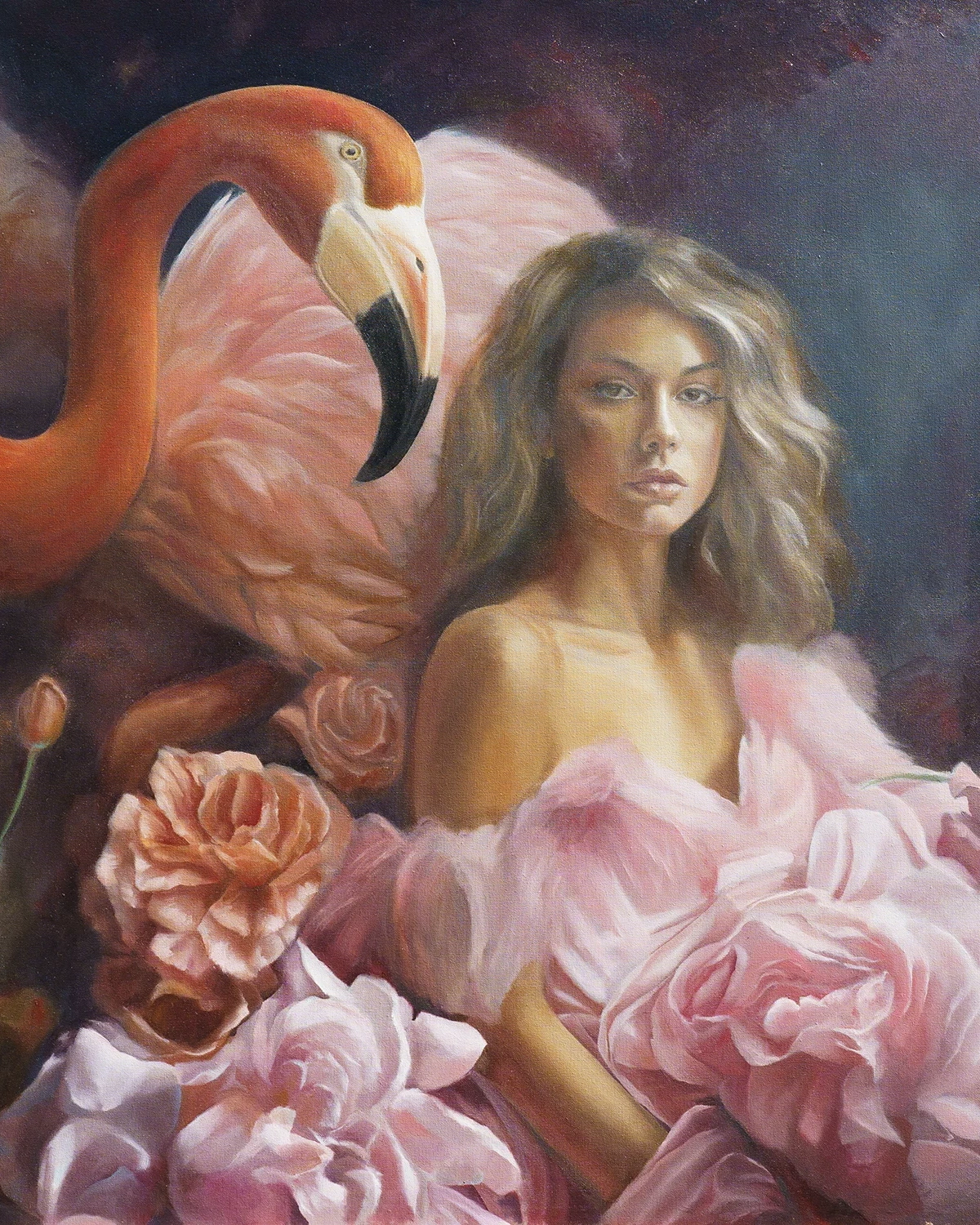 La ragazza e Fenicottero olio su tela 2 Lady and Flamingo