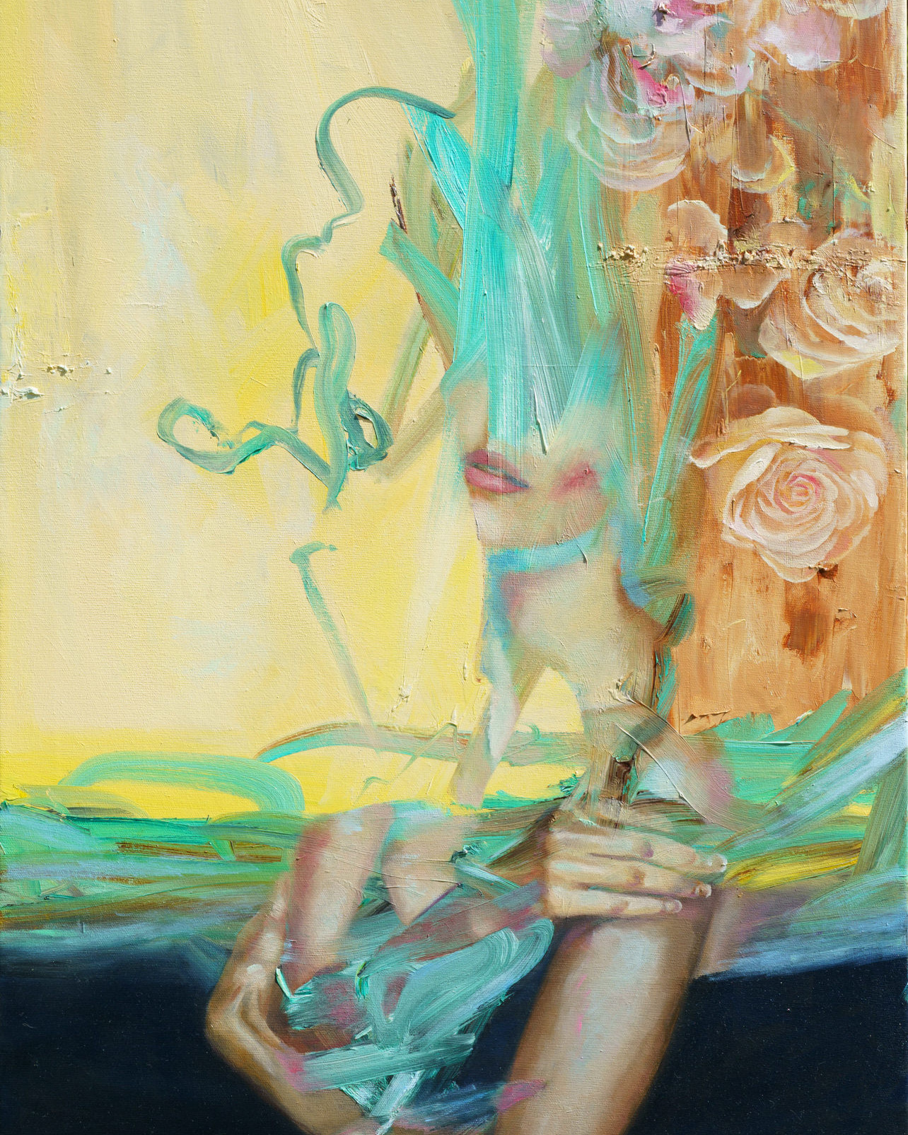 Svanire 4 Dipinto a olio di Alex Righetto che raffigura forme astratte e colori che si fondono insieme, evocando un senso di imperfezione e bellezza transitoria.