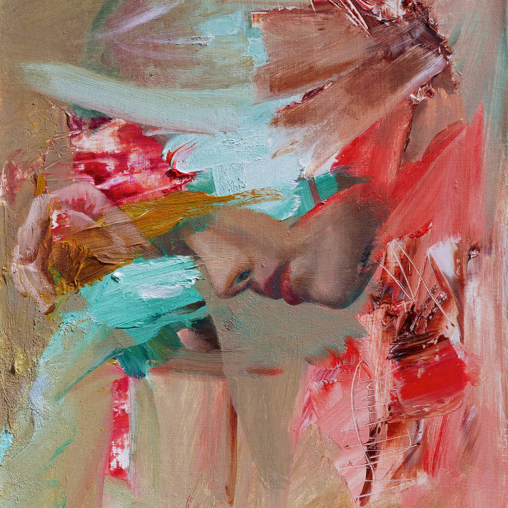 Un dipinto ad olio astratto di Alex Righetto, parte della collezione 'Perfettamente Imperfetta', raffigurante una figura contemplativa.