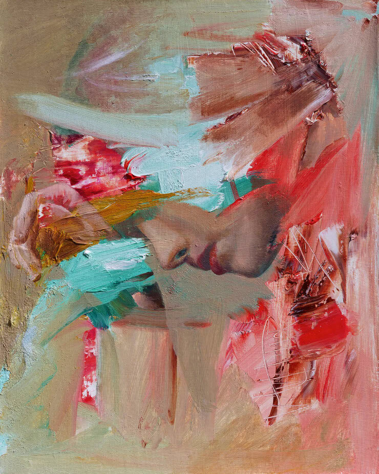 Collezione perfettamente imperfetto 16 Un dipinto ad olio astratto di Alex Righetto, parte della collezione 'Perfettamente Imperfetta', raffigurante una figura contemplativa.