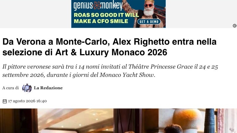 Da Verona a Monte Carlo Alex Righetto entra nella selezione di Art Luxury Monaco 2026 Veneto Today 2026 09 07 10 45 11 uai